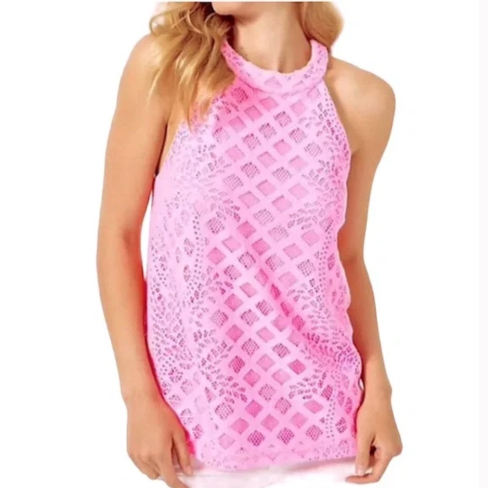 LILLY PULITZER Bright Pink Lace Rayanne Halter Top Size L - Like New